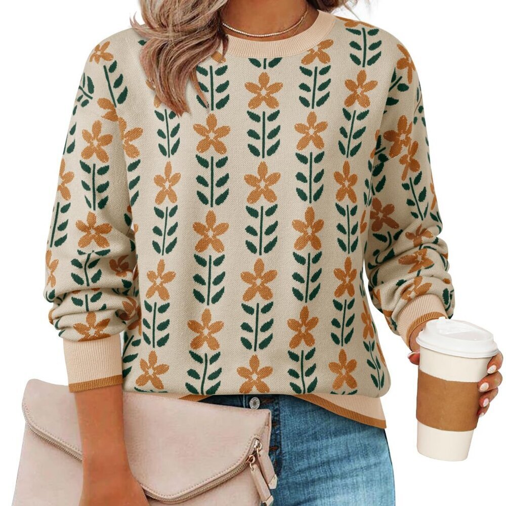 Oversized Knitted Pullover Sweater Long Sleeve Crewneck Trendy Top